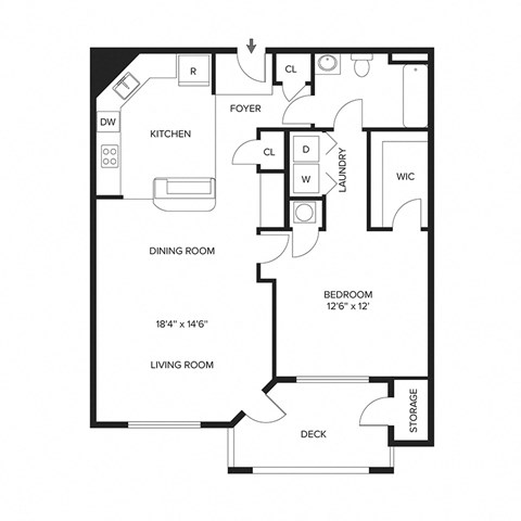 Floor plan for 1 bed, 1 bath, 805 sqft